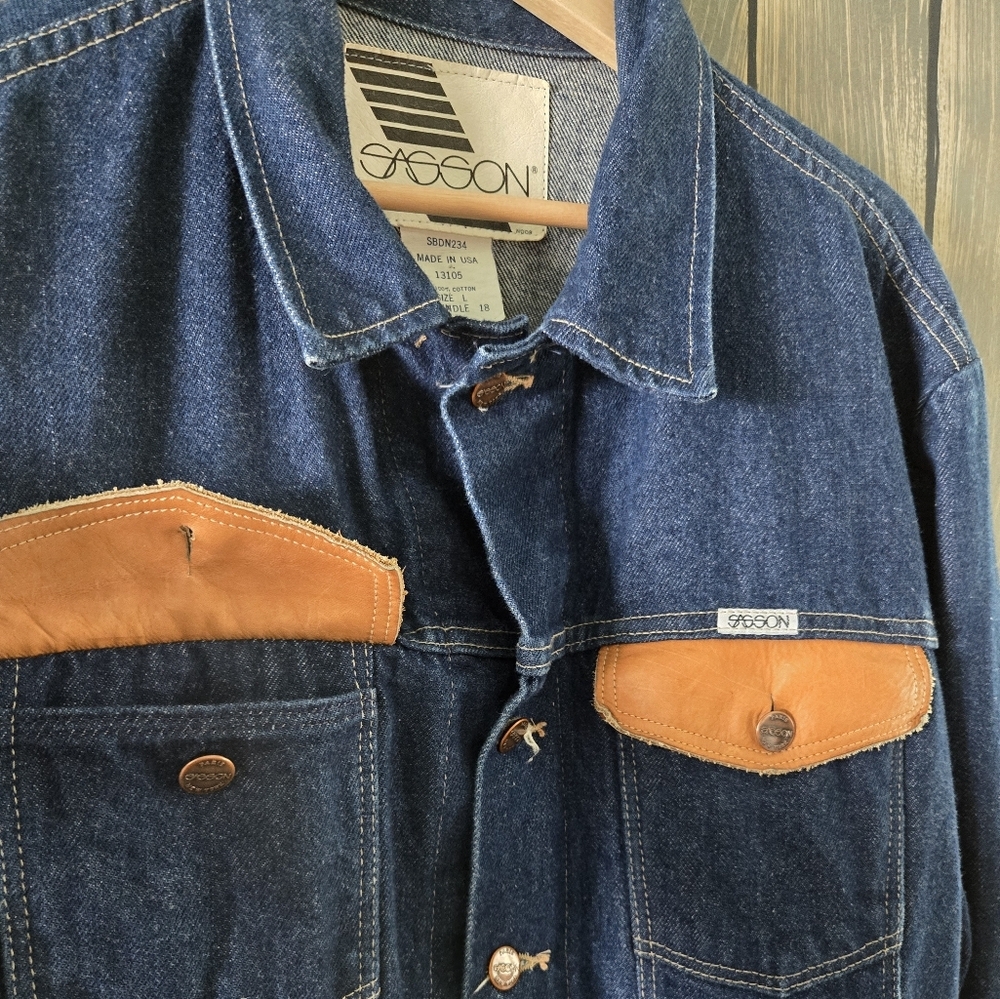 Sasson Vintage Blue Denim Jacket with Tan Accents Men's Size L - Picture 4 of 7